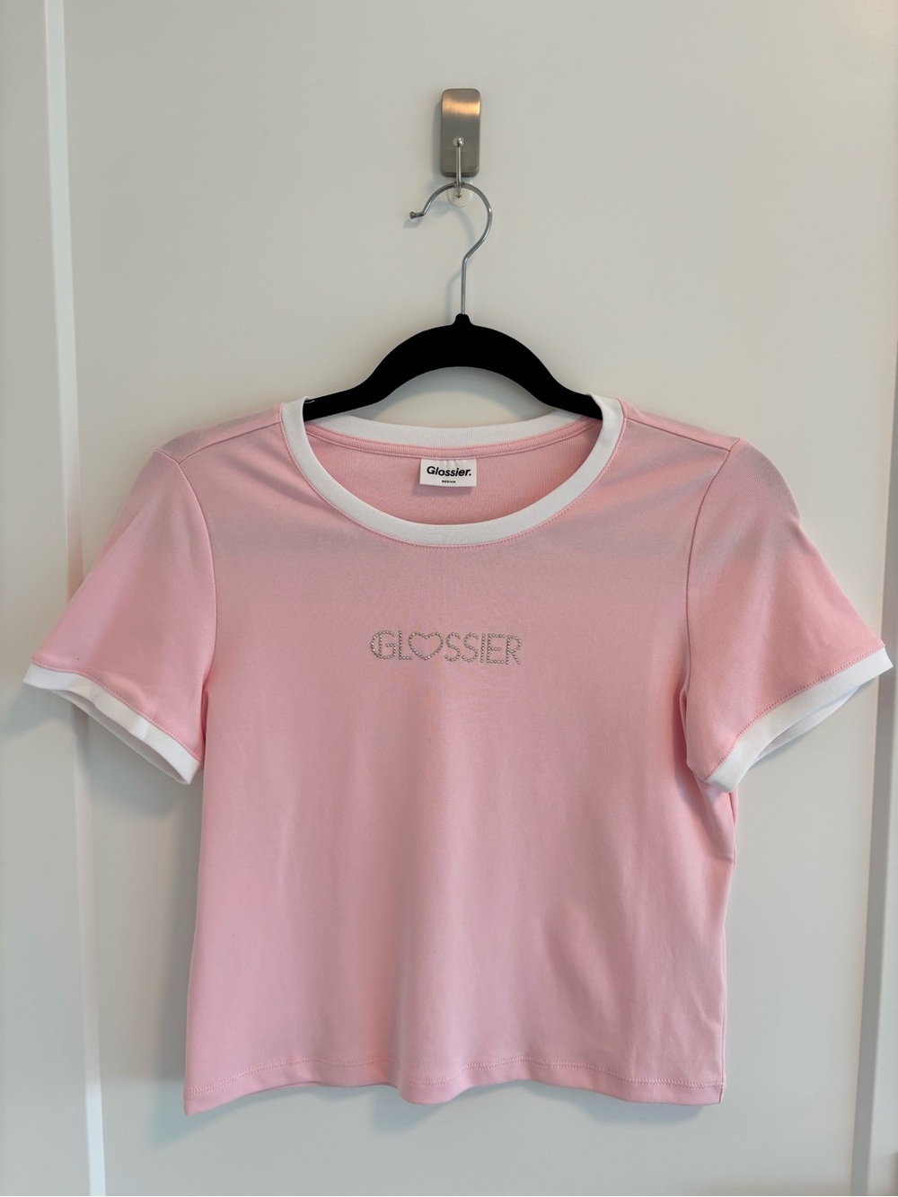 Glossier Pink Crop Ringer Tee with White Trim